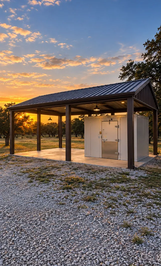 Covered pavilion with a walk-in cooler at sunset